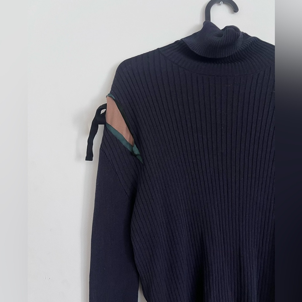 MUVEIL Navy Blue Ribbed Long Sleeve Top Shoulder Tie